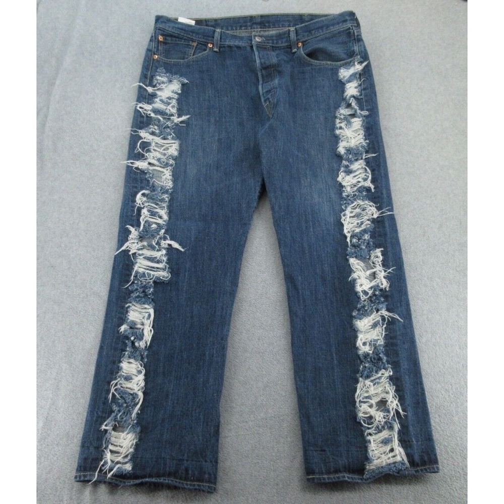 Levis Mens Jeans Original Fit Blue Distressed Shredded Button Fly W40 L32